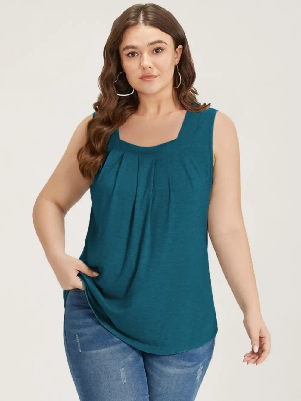 Heather Plicated Detail Square Neck Tank Top