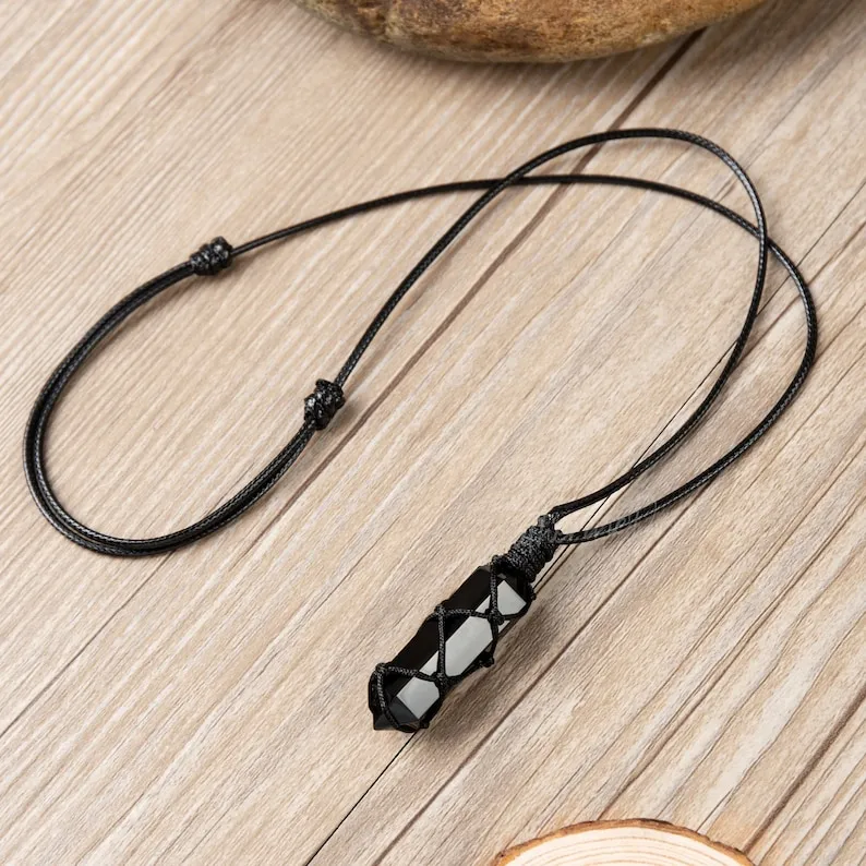 Black Obsidian Pendant Necklace-Obsidian Stone Hexagon Point Wrapped Necklace for Men-Obsidian Healing Crystal Necklace for Women
