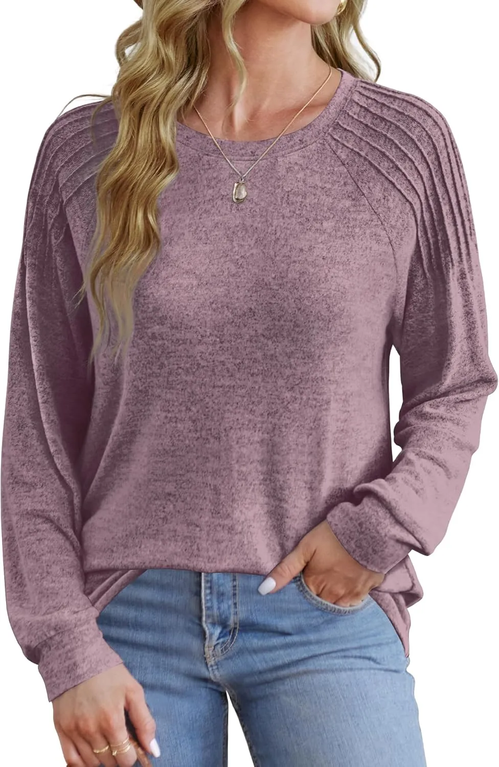 Sweatshirt for Women Crewneck Pleated Long Sleeve Shirts Tunic Tops Fashion 2024