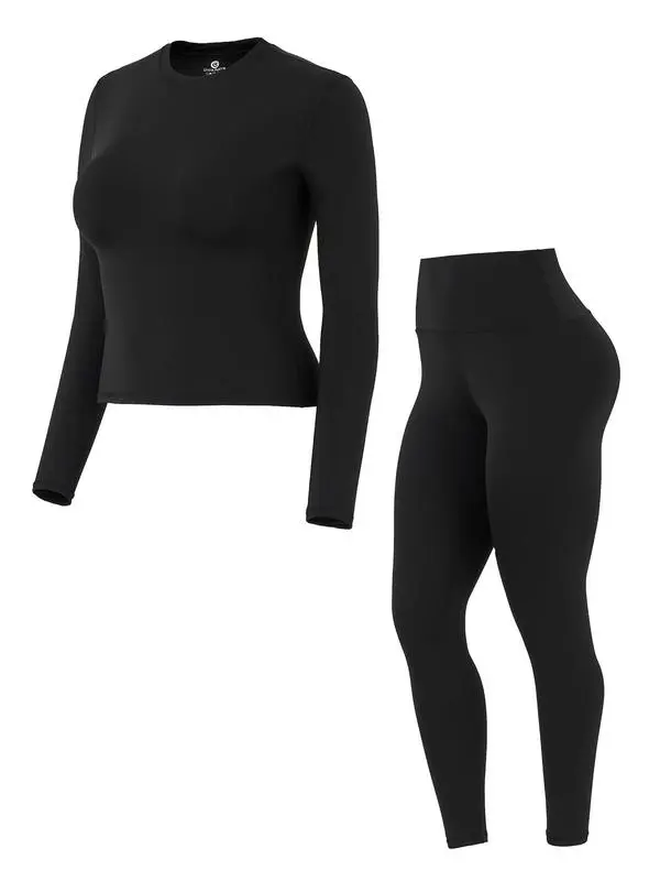 Women's Solid Long Sleeve Tee & High Waist Leggings Sportswear Set