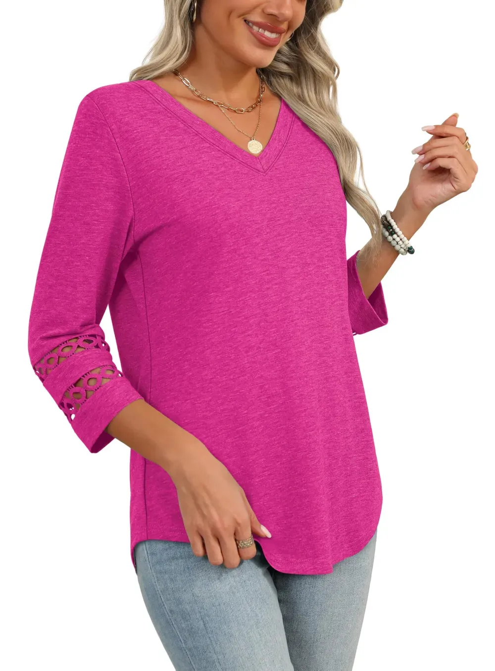 ✨Womens 3/4 Length Sleeve Tops Trendy V Neck T Shirts