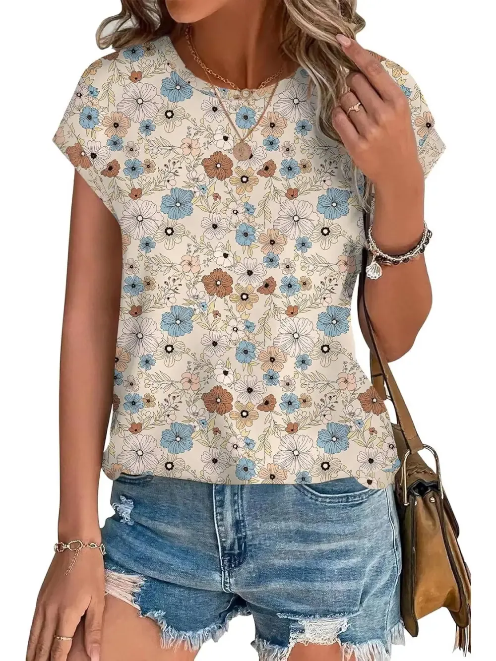 ✨Womens Printing Dressy Casual Cap Sleeve Tops with Curved Hem