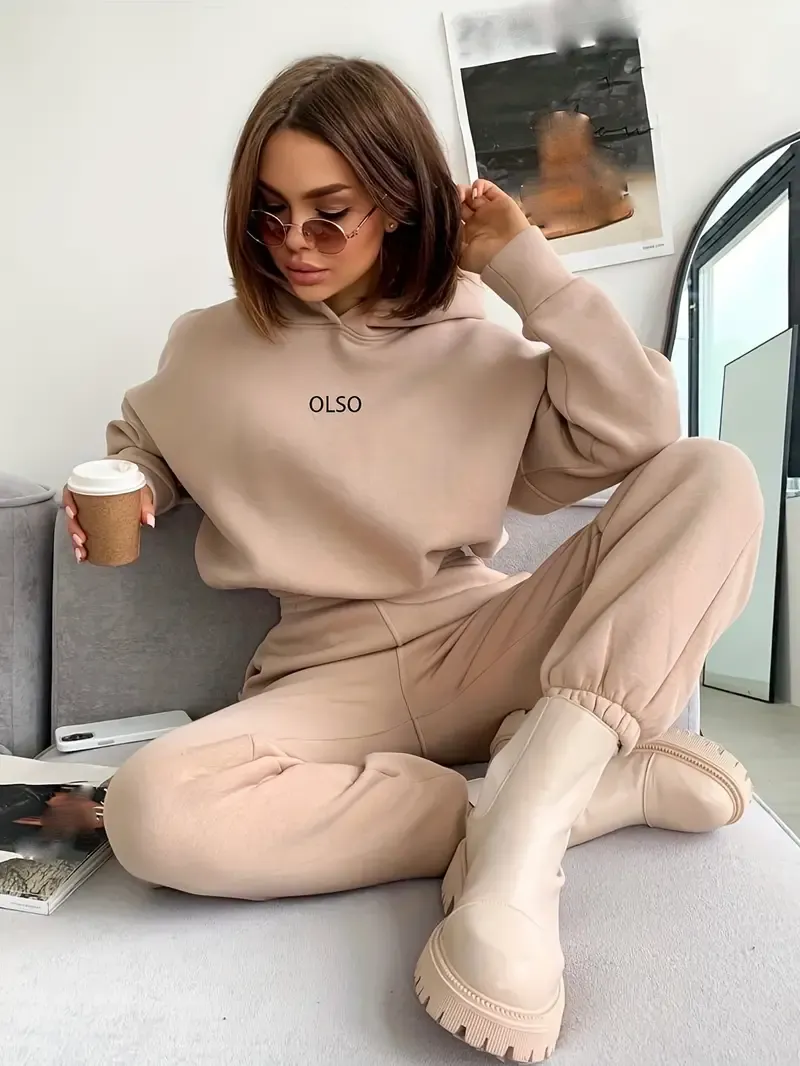 Casual Two-piece Set, Letter Print Long Sleeve Hooded Sweatshirt & Elastic Waist Sweatpants Outfits, Women's Clothing