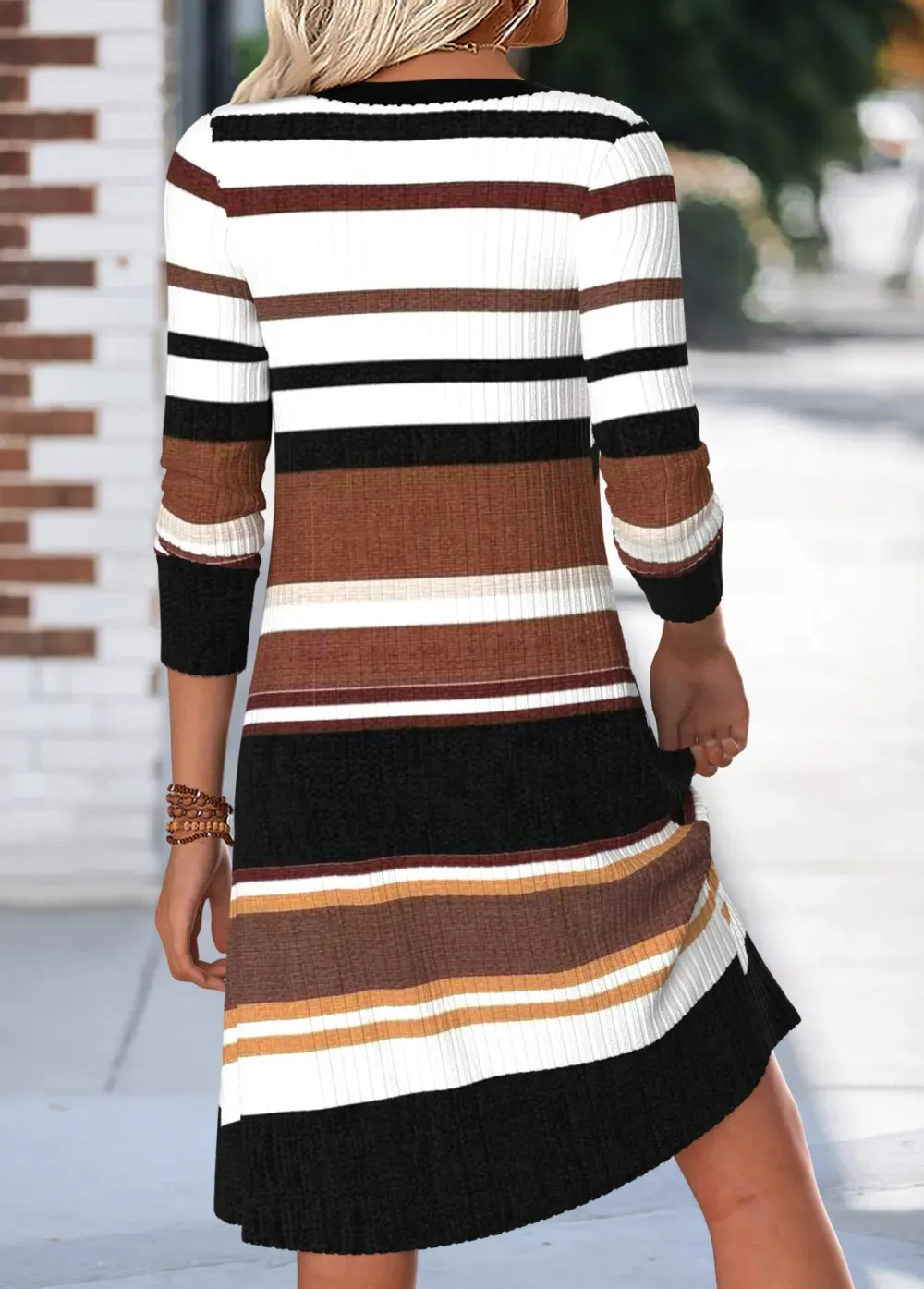 Multi Color Tummy Coverage Striped Short Long Sleeve Dress