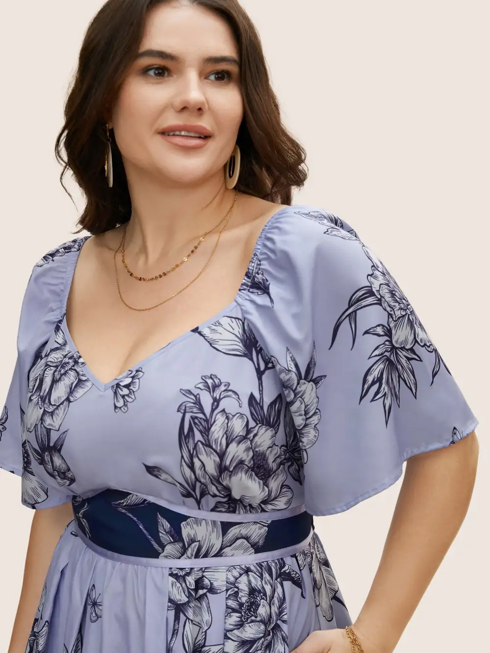 Boho Print Heart Neckline Ruffle Sleeve Maxi Dress