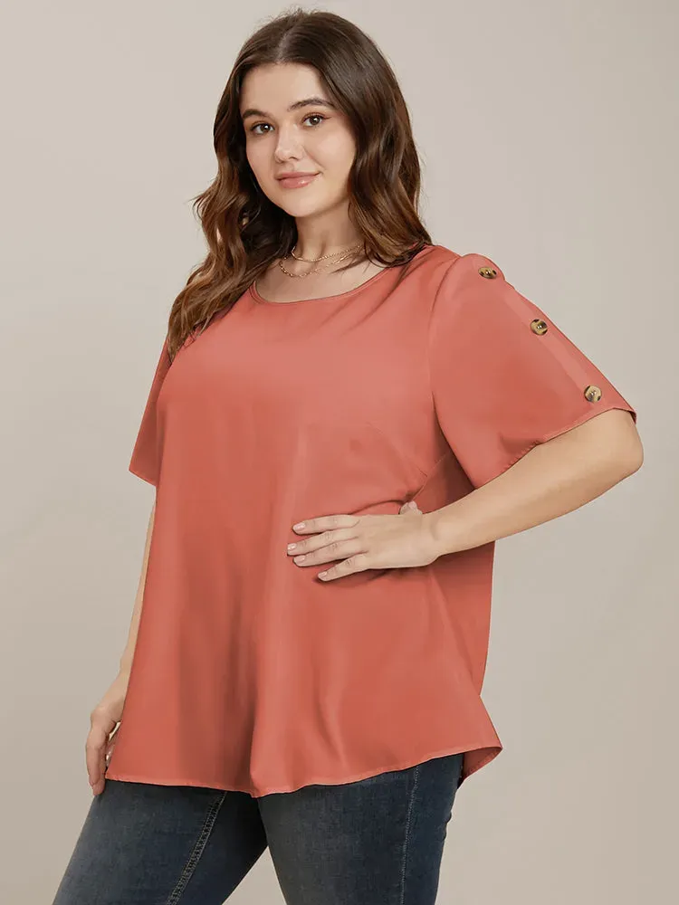 Plain Round Neck Button Detail Blouse