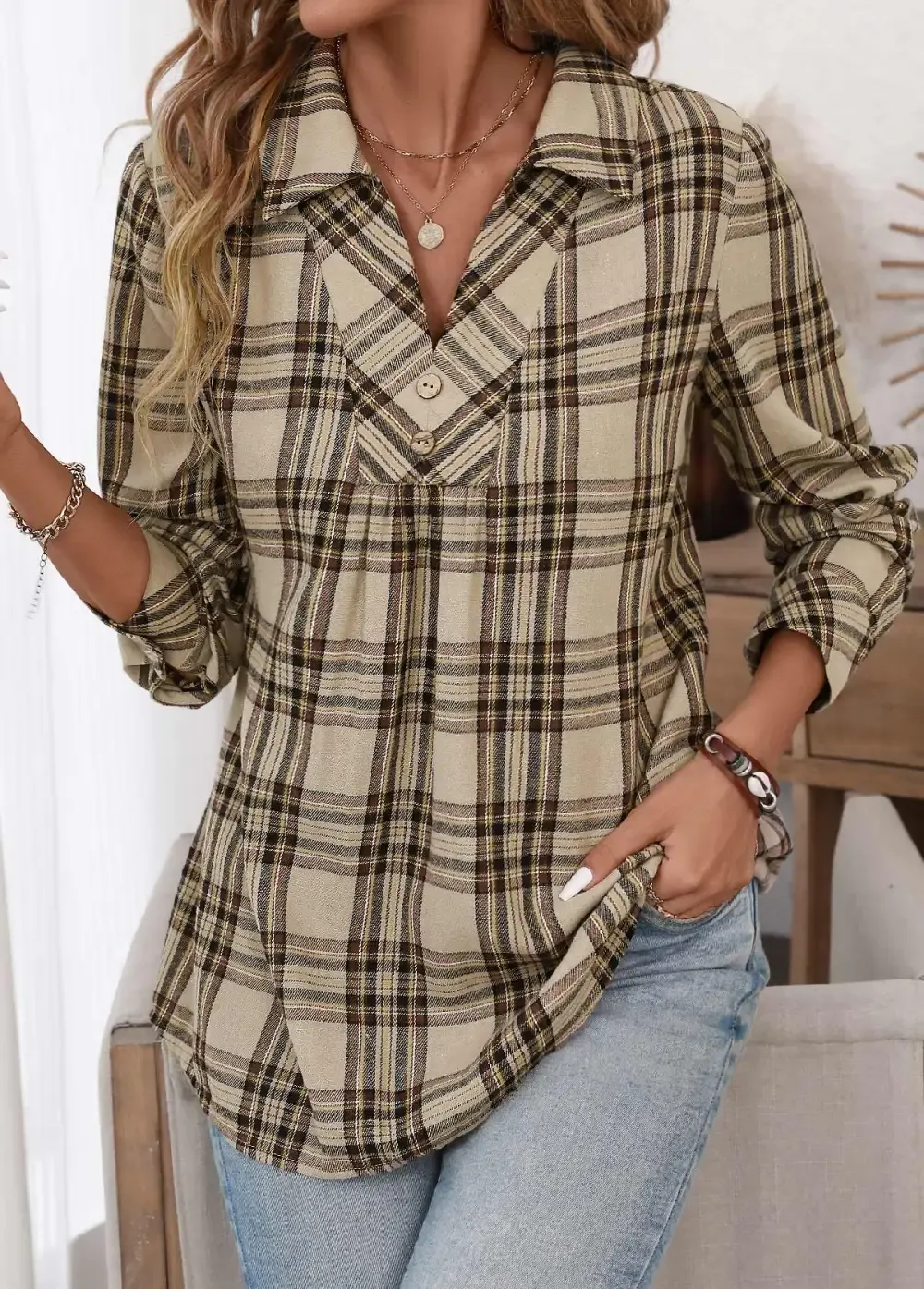 Light Coffee Button Plaid Long Sleeve Shirt