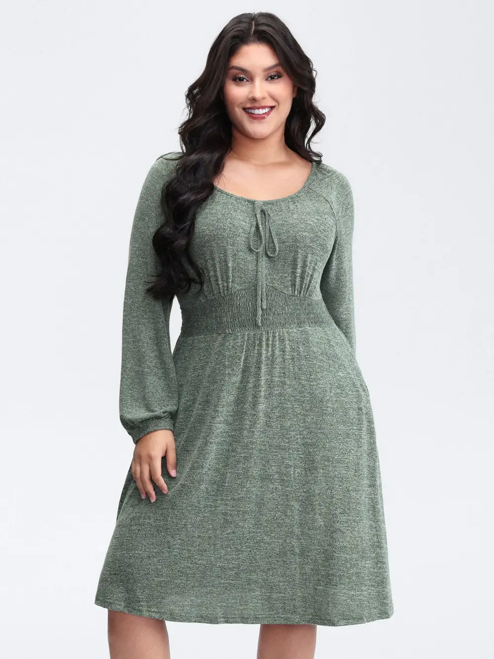 Knit Textured Stretchy Shirred Knee-Length Dress