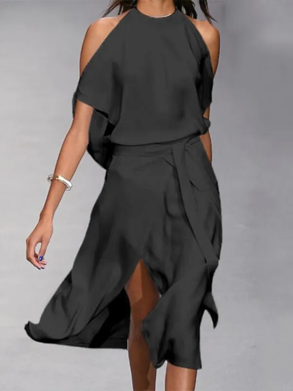 Women‘s A Line Dress Midi Dress White Black Gray Sleeveless Pure Color Split Spring Summer cold shoulder Personalized Stylish Elegant Loose 2023 S M L XL XXL