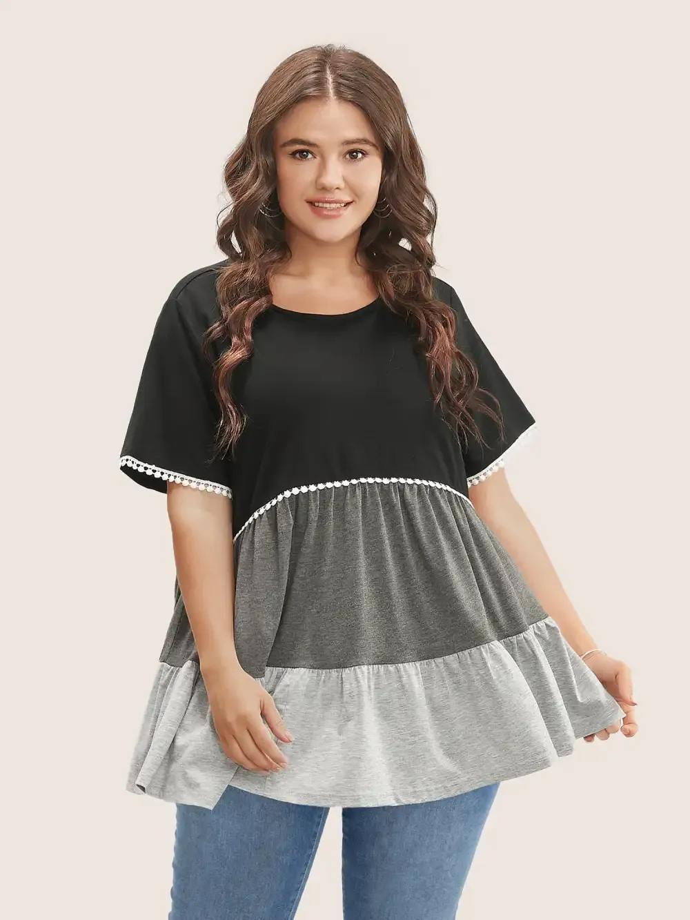 Colorblock Contrast Ruffle Tiered T-Shirt