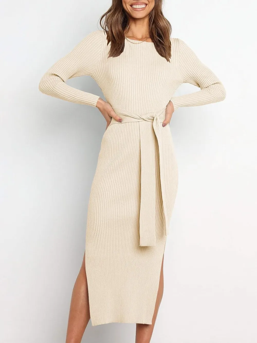 Long Sleeve Sweater Dress Crew Neck Slim Fit Slit Tie Waist 2024 Ribbed Knit Bodycon Midi Dress Fall Outfits