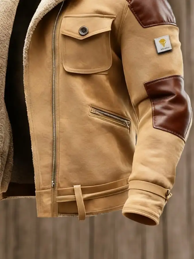 Men's Vintage Suede Splicing Warm Multi-Pocket Outdoor Jacket