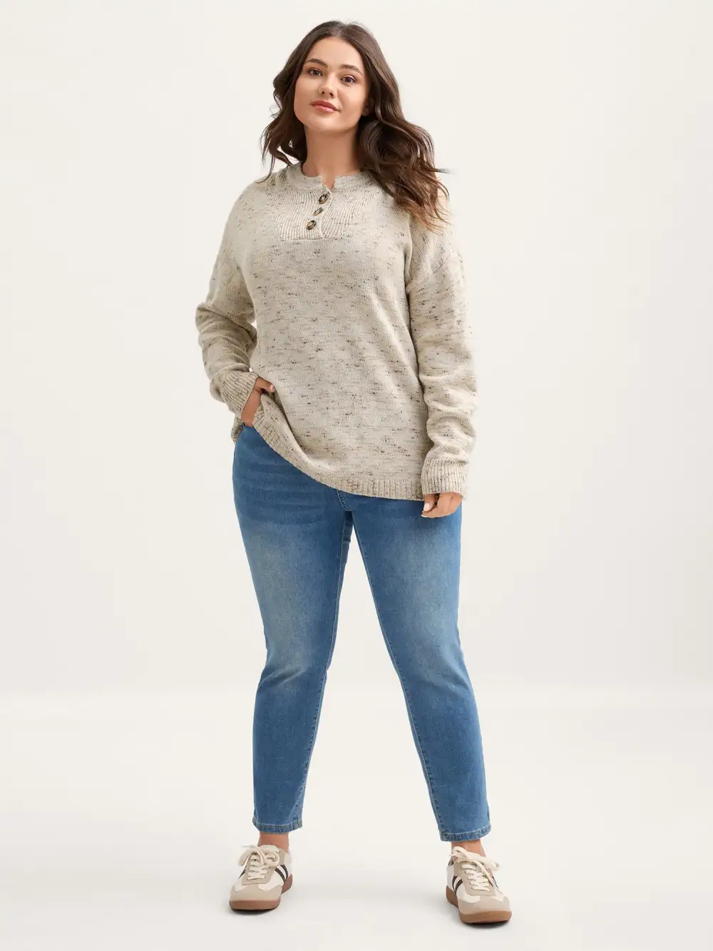 Heather Textured Button Neck Pullover