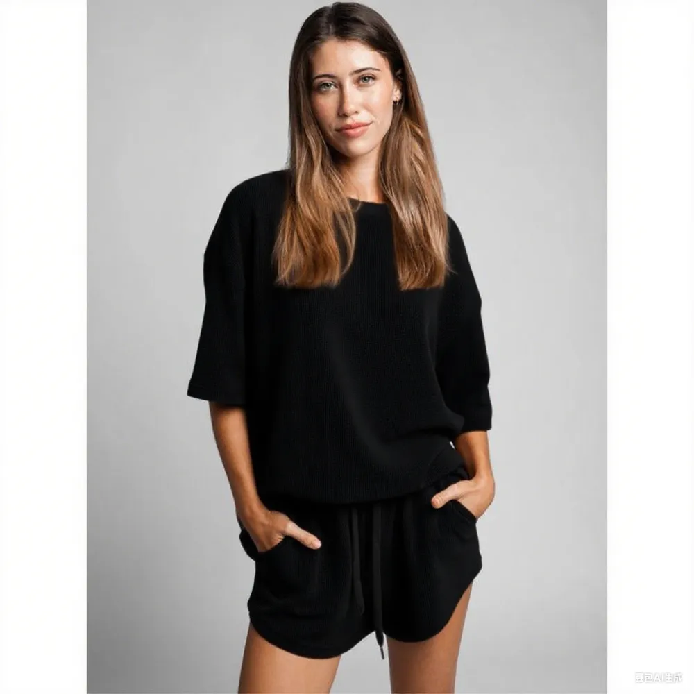 Women's Waffle Knit Lounge Shorts – Soft High Waist Casual Sleep Shorts with Drawstring for Home & Daily Wear