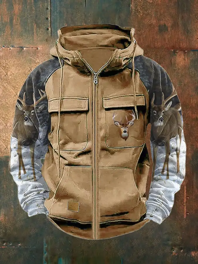 Men's Vintage Western Deer Print Multi-Pocket Jacket