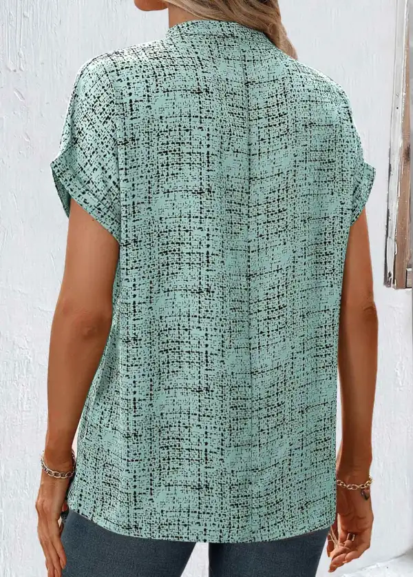 Sage Green Split Geometric Print Short Sleeve Blouse