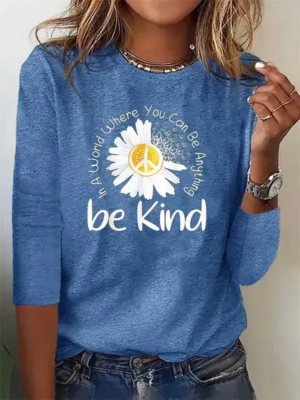 Women Casual Autumn Daisy Daily Loose Long sleeve Crew Neck Regular H-Line T-shirt