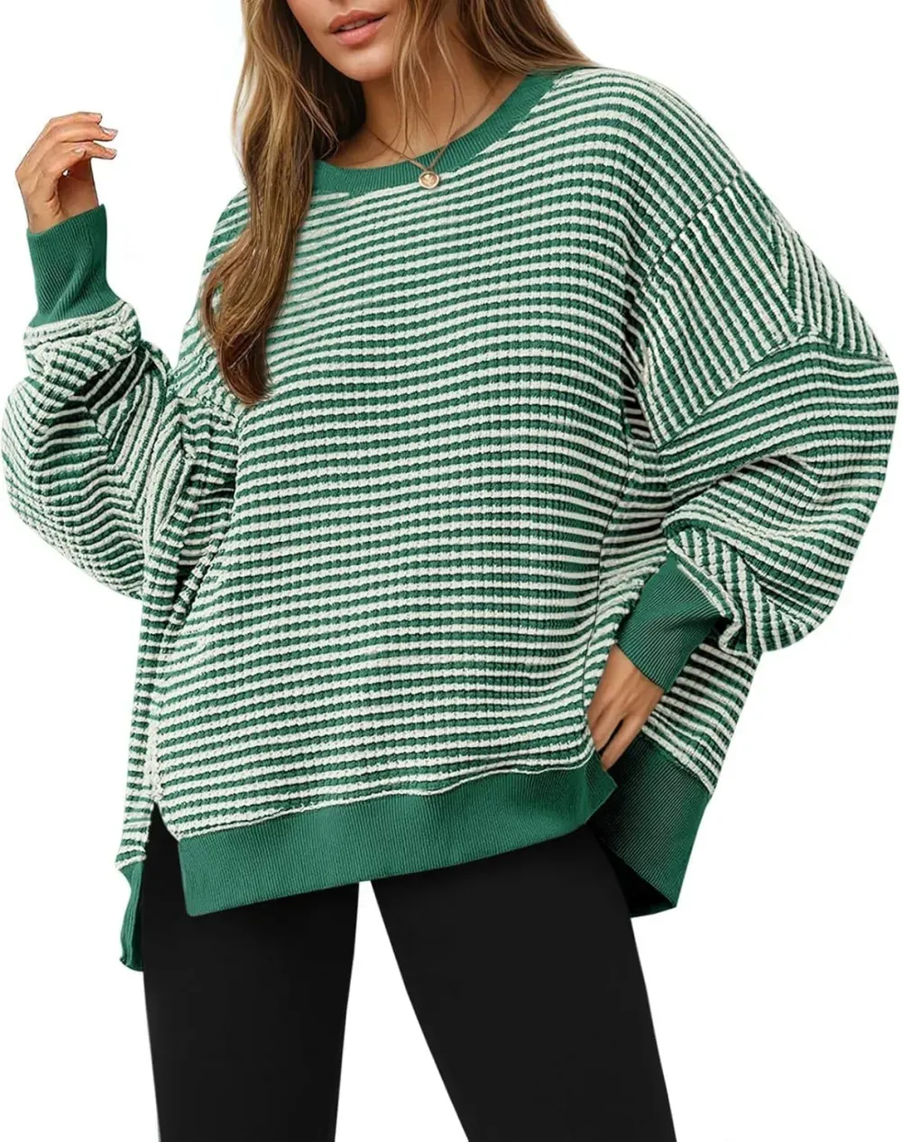 ✨Women's Oversized Sweatshirt Waffle Long Sleeve Split Pullover Tunic Tops
