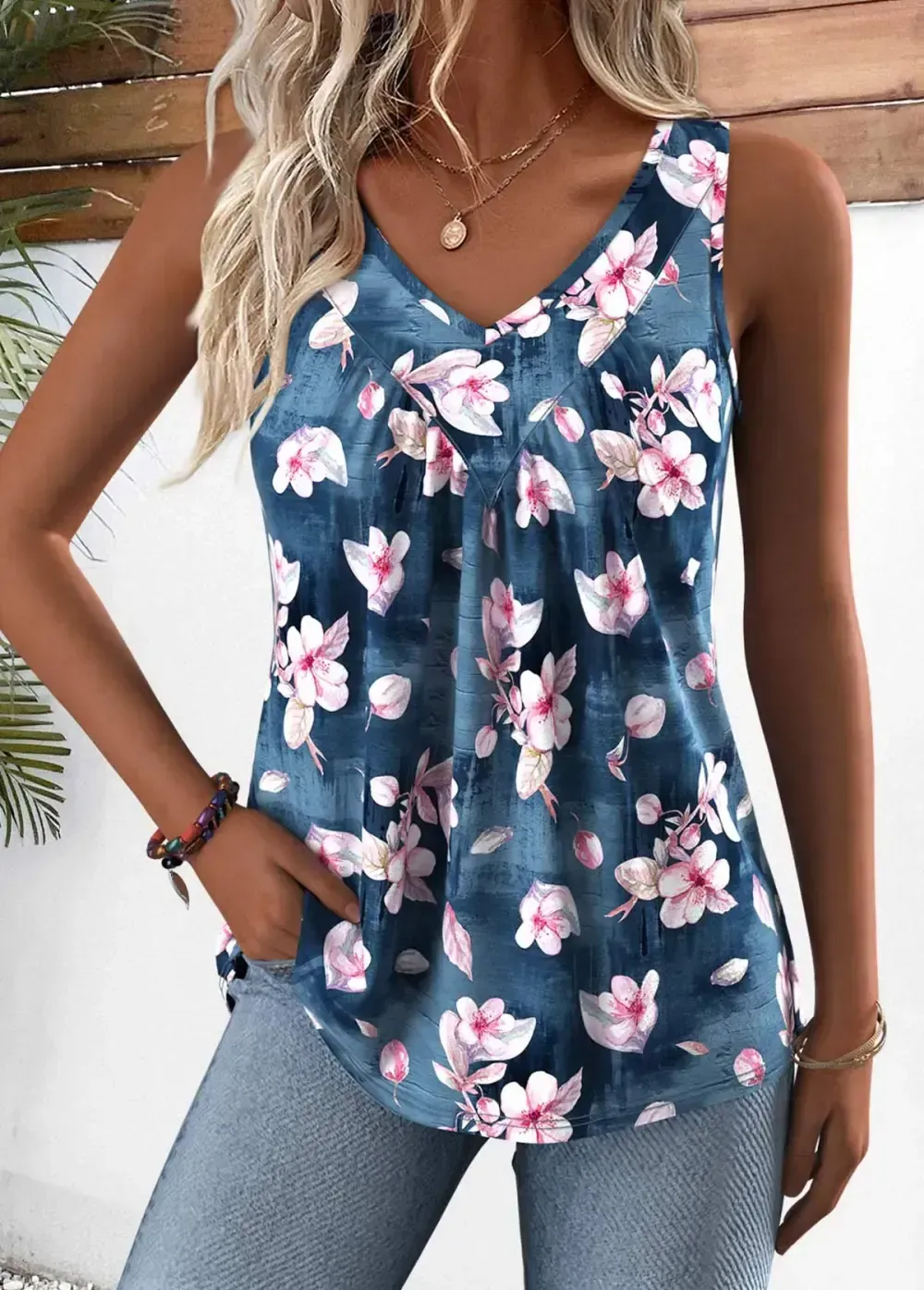 Denim Blue Random Floral Print Sleeveless Tank Top