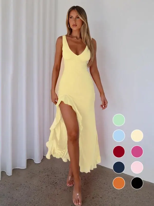 Women's Sleeveless Tank Dress-Solid Color, Thigh Slit, Summer Party Wear