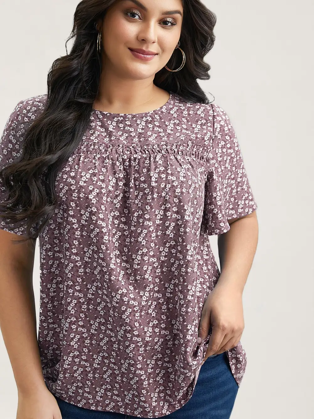 Floral Ruffle Sleeve Gathered Round Neck Blouse