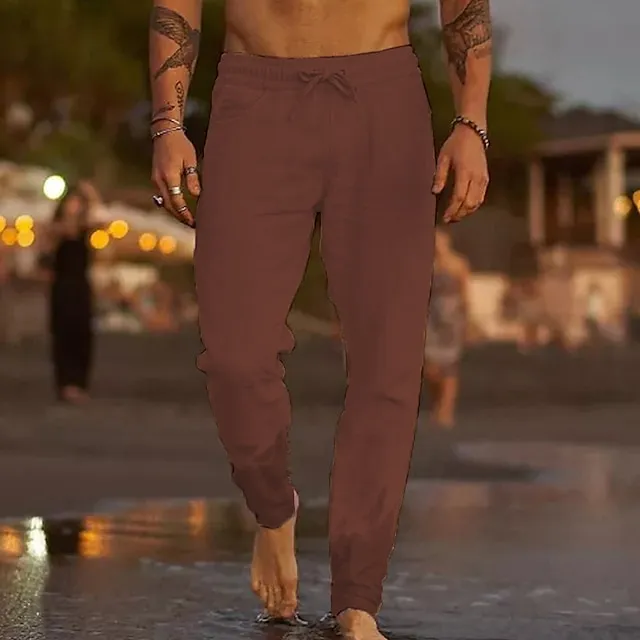 Men's Linen Pants Trousers Summer Pants Beach Pants Pocket Drawstring Elastic Waist Plain Comfort Soft Daily Weekend Linen / Cotton Blend Streetwear Casual Dark Khaki Light Khaki Micro-elastic