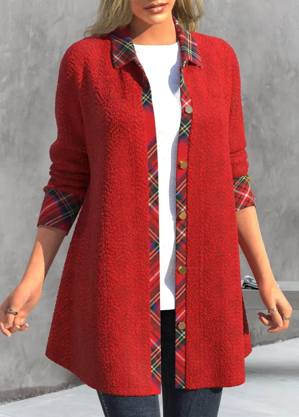 Red Button Plaid Long Sleeve Shirt Collar Coat