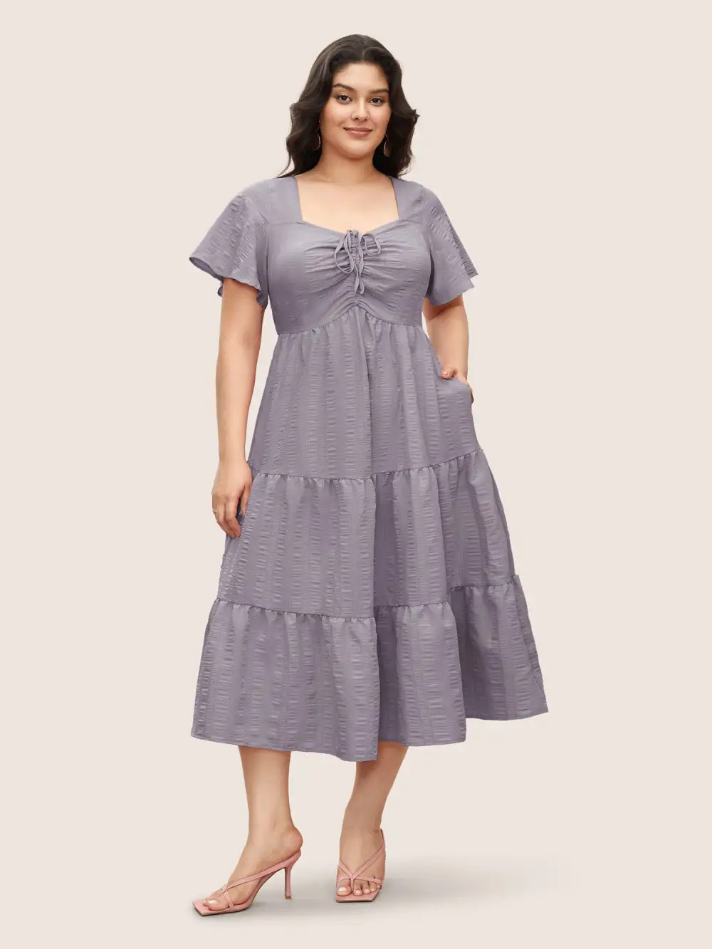 Plain Ruched Drawstring Pocket Ruffle Tiered Dress