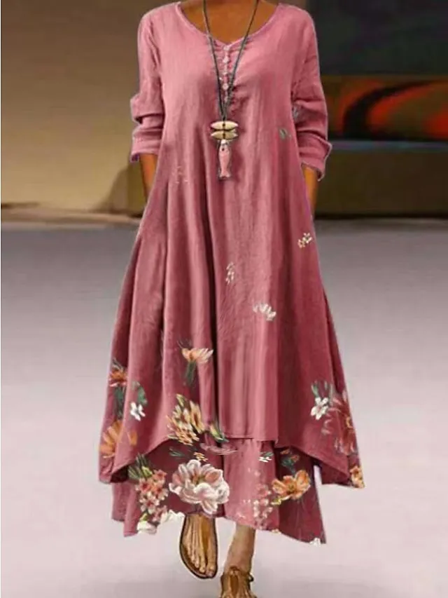 Women‘s Long Dress Maxi Dress White Yellow Pink Long Sleeve Floral Print Summer Spring Fall Crew Neck Summer Dress Regular Fit 2023 S M L XL XXL 3XL 4XL 5XL