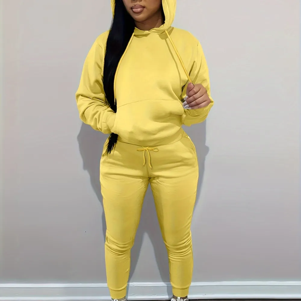 Womens Comfort-fit Drawstring Hoodie & Loose Sweatpants Set - Stylish Two-Piece Pantsuit with Handy Pockets - Versatile Casual Wear for Everyday Style