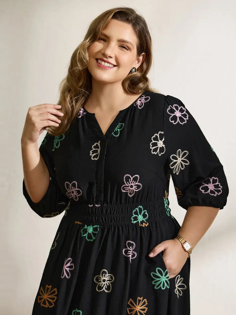 Colorful Embroidered Waist-Defining Midi Dress