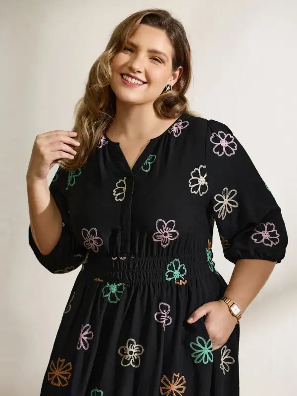 Colorful Embroidered Waist-Defining Midi Dress