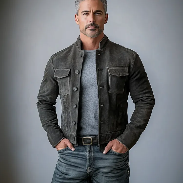 Men's Suede Stand Collar Button Flap Pocket Casual Jacket