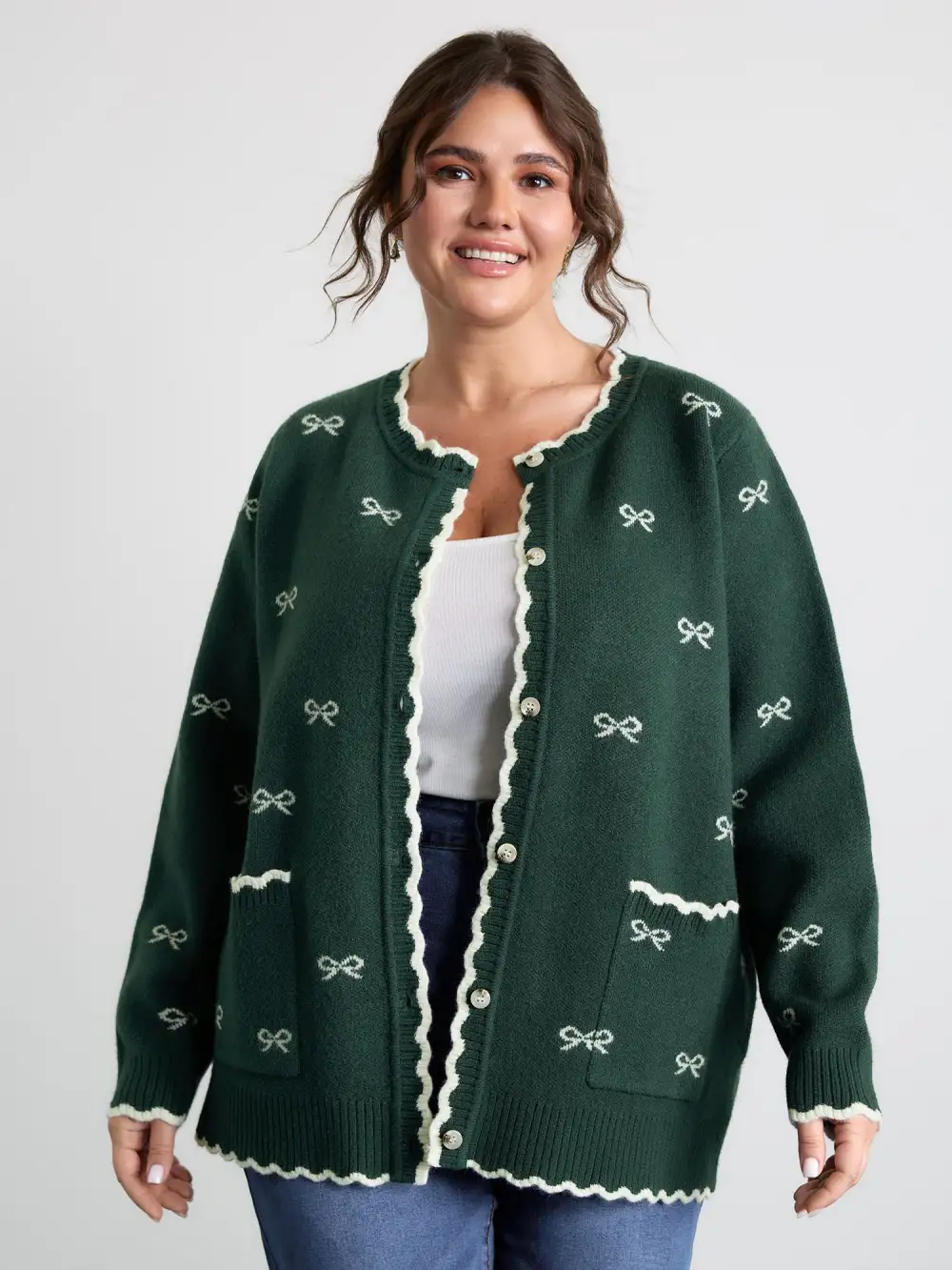 Bowknot Jacquard Wavy Edge Knit Cardigan