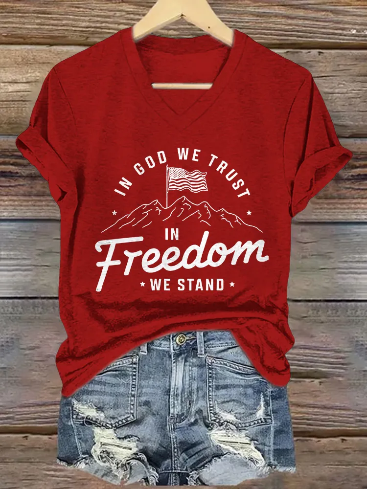 Women's  In God We Trust In Freedom We Stand Print Short Sleeve Round Neck Cotton T-Shirt