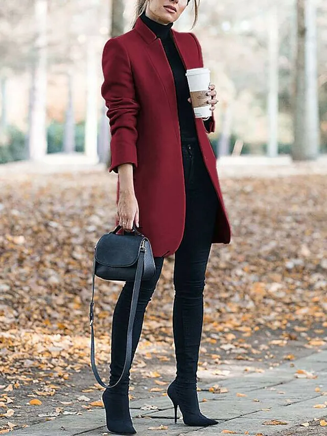 Women's Pea Coat Winter Coat Open Front Stand Collar Trench Coat Fall Warm Windproof Overcoat Christmas Jacket caramel colour