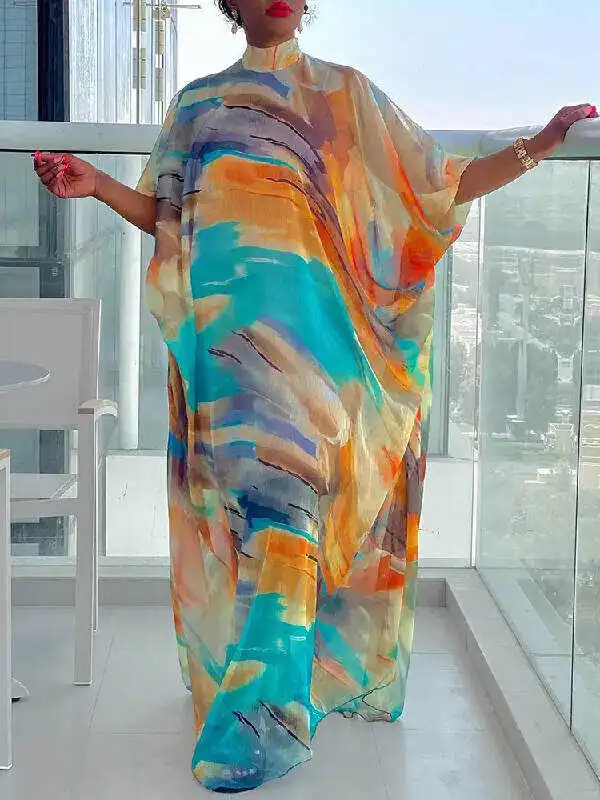 Vacation Batwing Sleeves Contrast Color Printed High-Neck Maxi Dresses