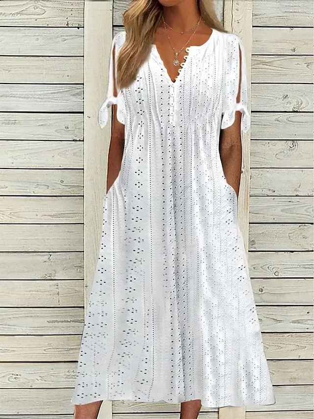 Plain Lace Ruched V Neck Midi Dress
