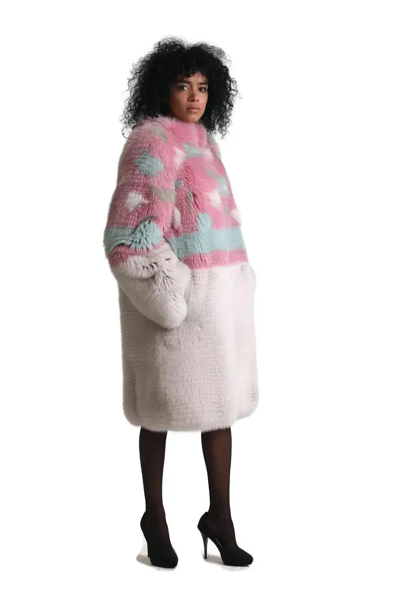 Multicolored Fur Knee Length Jacket