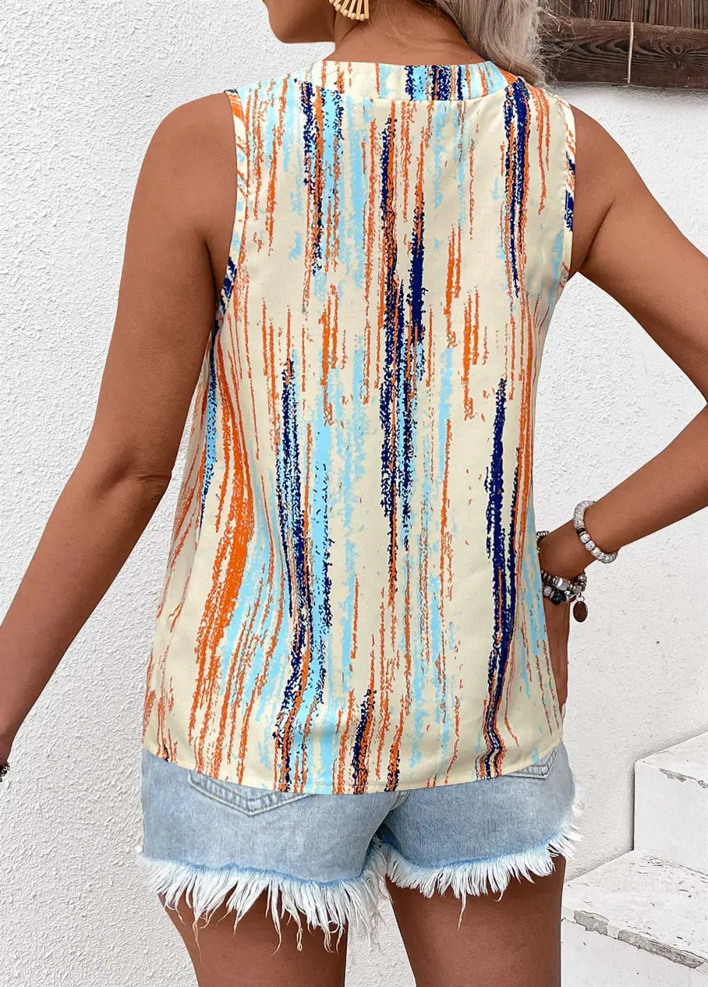 Multi Color Button Striped Sleeveless Round Neck Tank Top