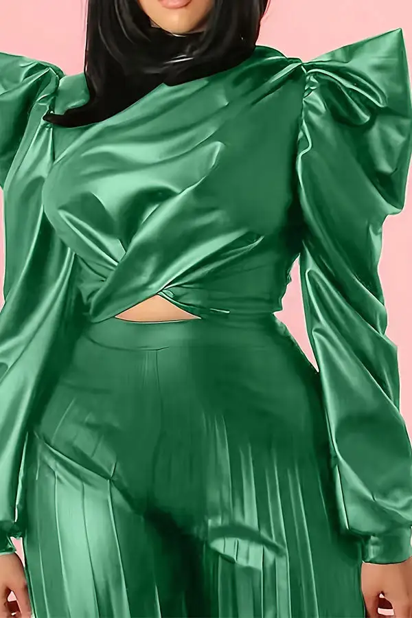 PU Puff Sleeve Twisted Blouse