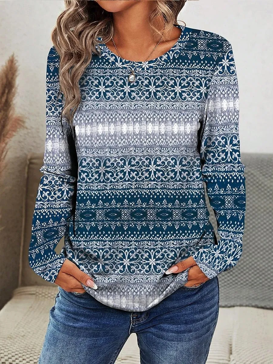 Women's T shirt Long Sleeve Crew Neck Long Sleeve Tunic Graphic Geometric Stylish Casual Trendy Regular Tops Daily Weekend Print Pink Blue Fall Prefall