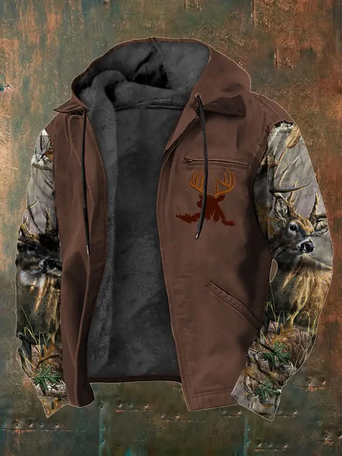 Men's Western Style Vintage Elk Plush Multi-Pocket Jacket