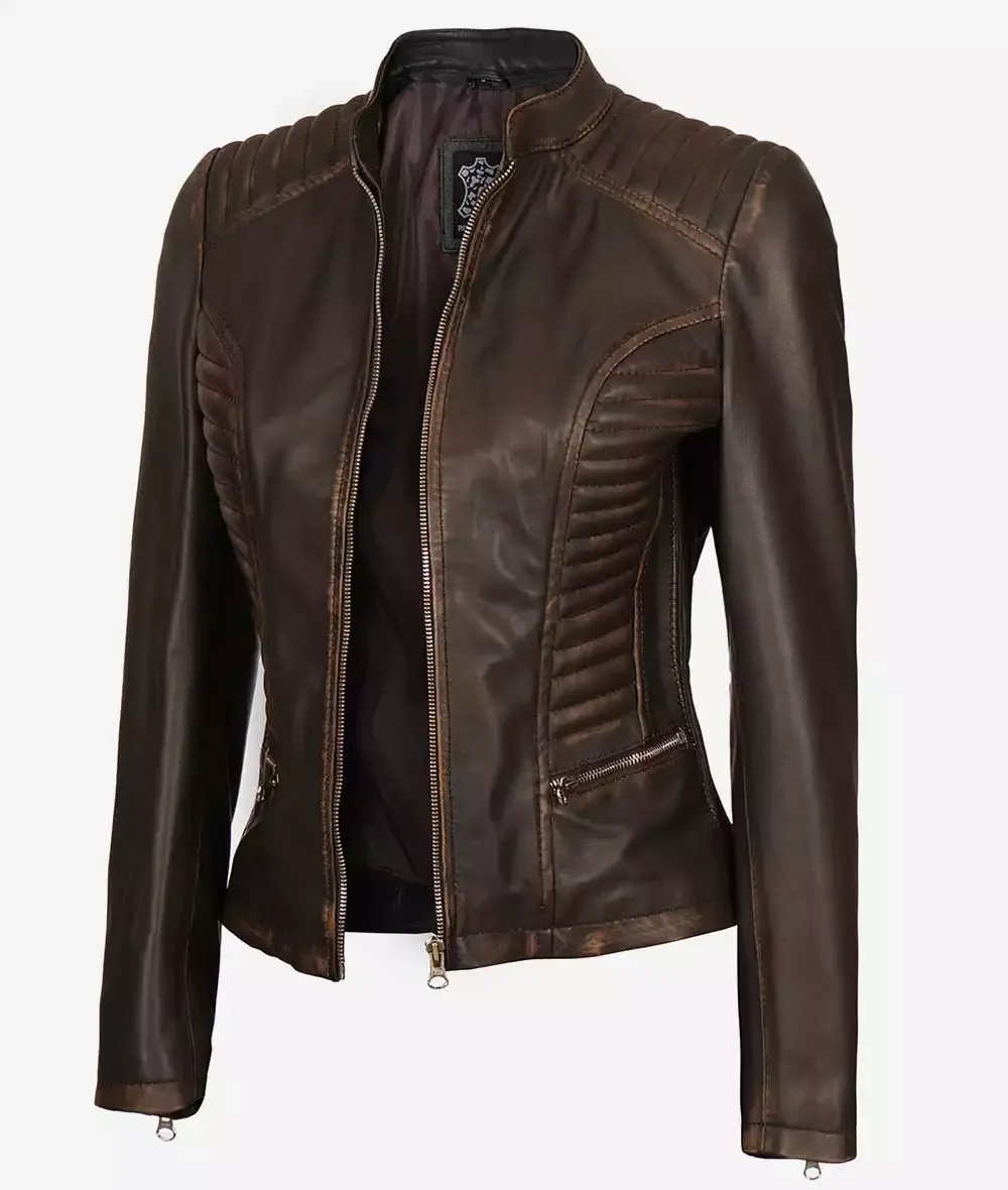 Womens Slim Fit Ruboff Brown Leather Jacket