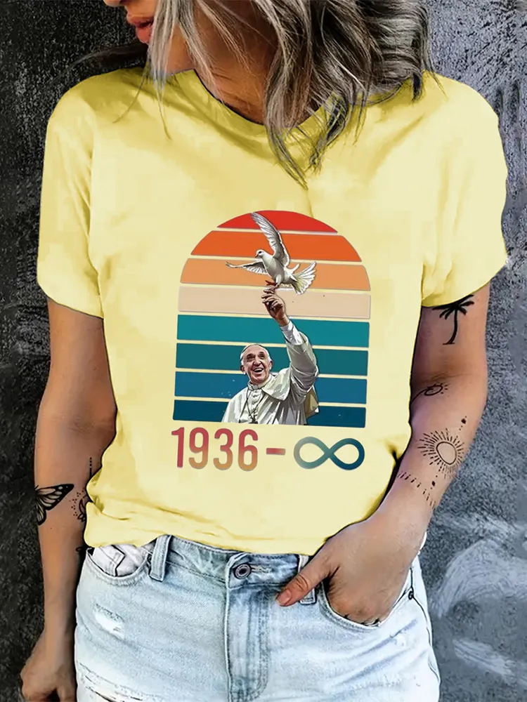 Women's 1936-2025 Print Short Sleeve Round Neck Cotton T-Shirt