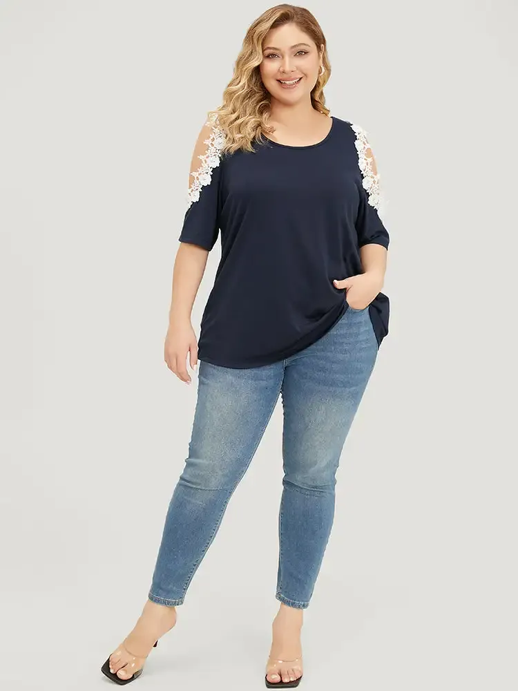 Solid Guipure Lace Cold Shoulder T-shirt