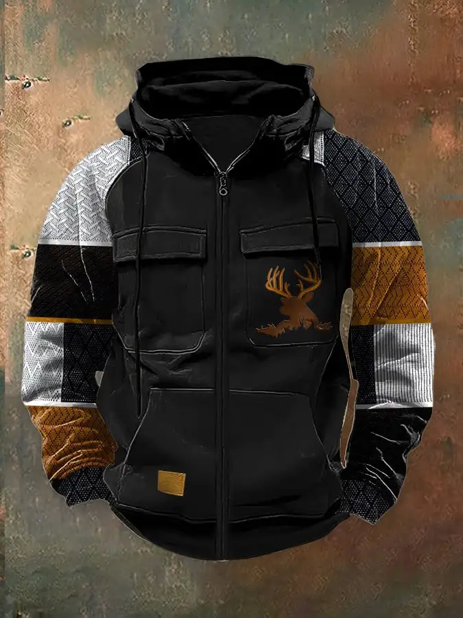 Men's Casual Retro Western Contrast Color Zipper Multifunctional Jacket