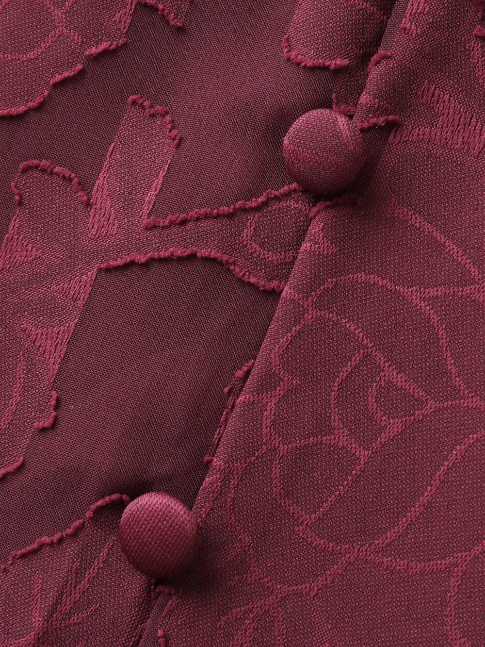 Solid Textured Lantern Sleeve Button Detail Dress