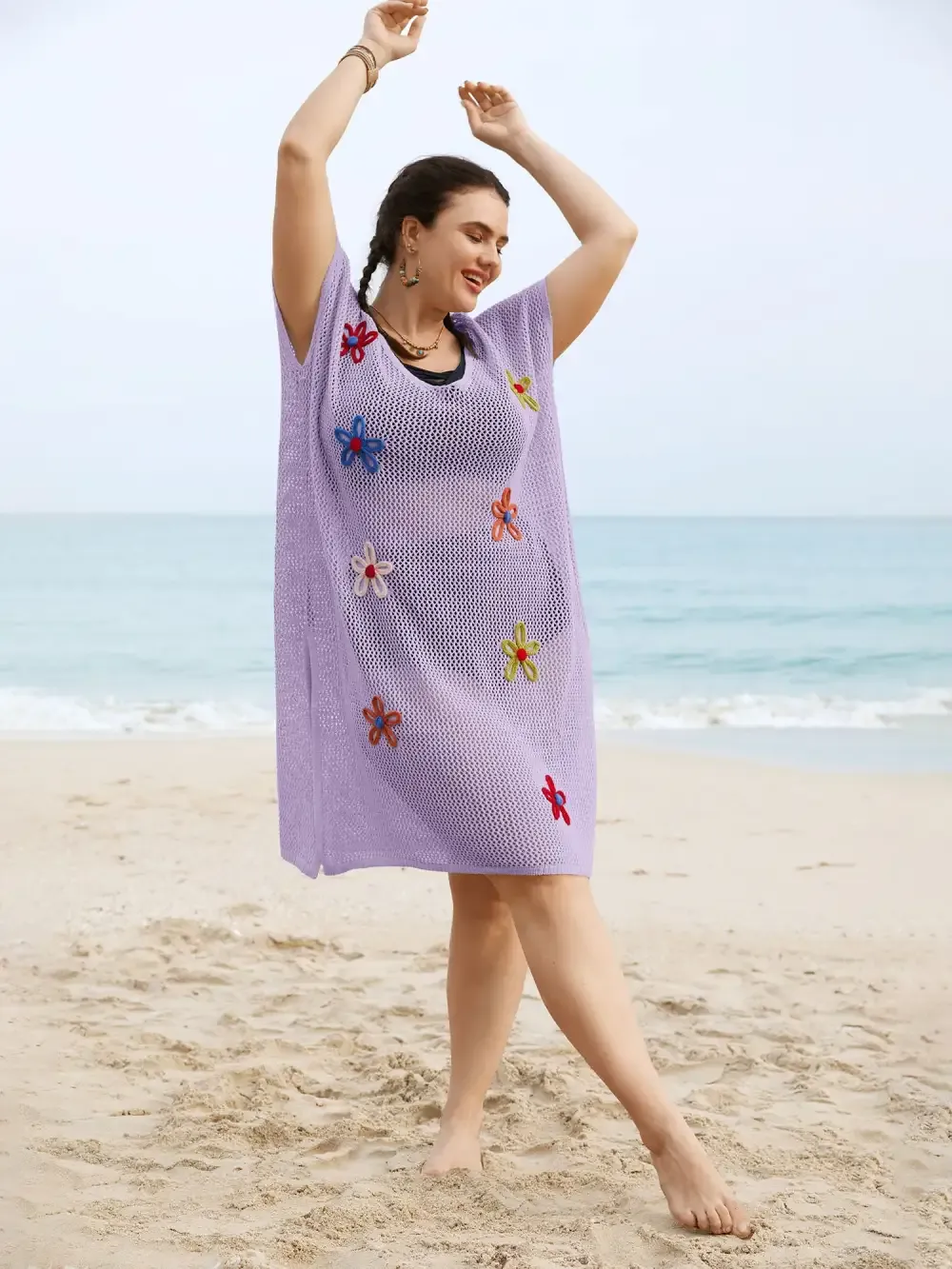 Stereo Flower Design Slit Hem Swim Cover Up