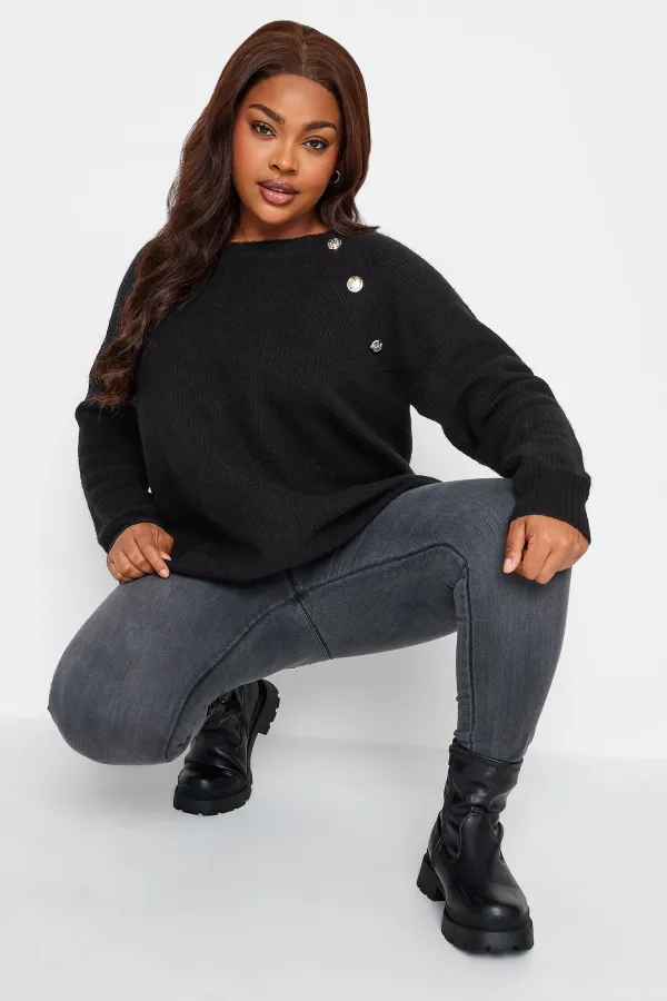 YOURS Curve Black Button Detail Knitted Jumper